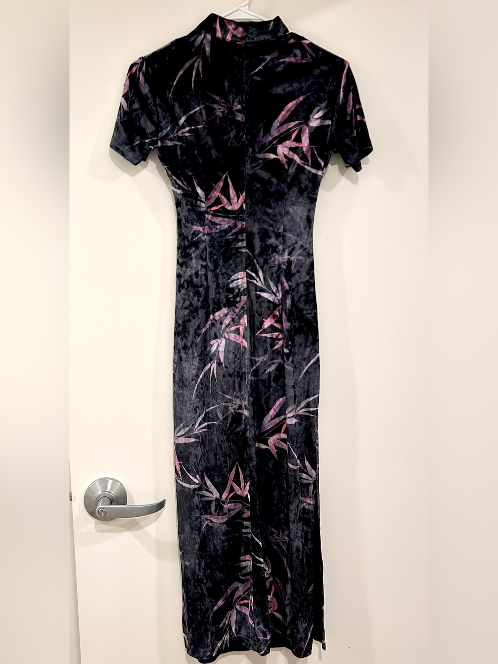 Designer QiPao Black Velvet Dress with Pink Oriental Floral Accents